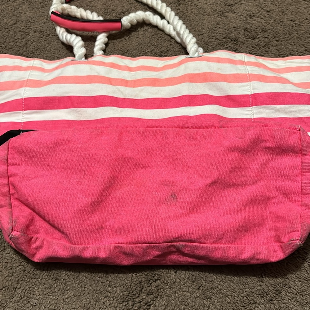 Victoria’s Secret Tote-Striped Pink White Black Peach-Open Top-“Rope” Handles - Picture 10 of 16